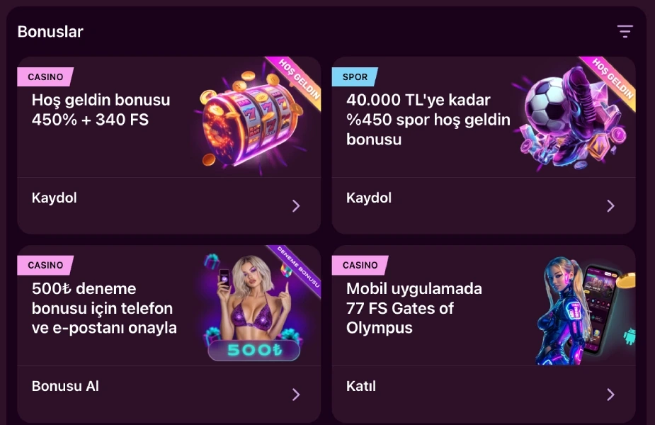 Casino Lux ana sayfa bonus kartları önizlemesi Casino Lux panelinde Hoş Geldin, Spor ve Mobil bonus kartları