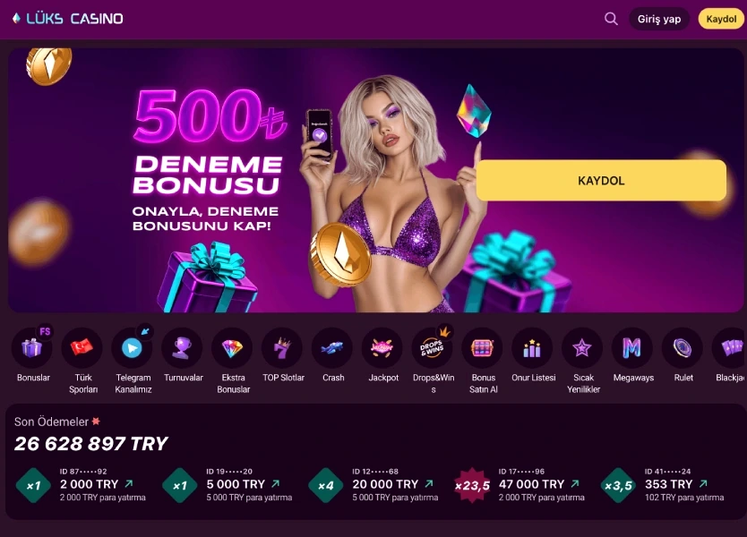 Casino Lux ana sayfa üst bölümü: bonus ikonları ve ödeme akışı Casino Lux giriş sayfasındaki hoş geldin bonusu ikonları ve son ödemeler listesi