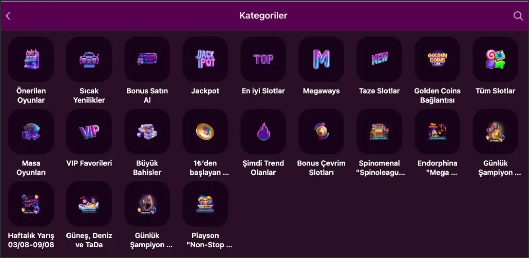 Casino Lux kategori seçim ekranı: Jackpot, Megaways ve VIP Favorileri Casino Lux uygulamasındaki slot kategori ızgarası ve VIP Favorileri sekmesi